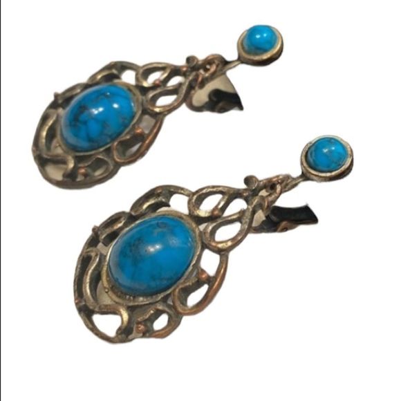 Vintage Silver And Faux Turquoise Dangling Earrings - Picture 6 of 14